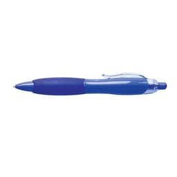 A blue pen with a textured grip and a plastic clip, featuring a shiny blue barrel and a transparent top.