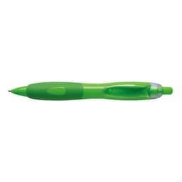 A green pen with a translucent barrel and a clip, featuring a logo on the side.