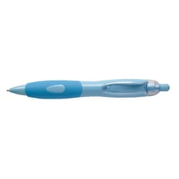 A light blue pen with a transparent barrel and a click mechanism, featuring a logo on the side.