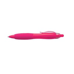 A pink pen with a smooth finish and a transparent grip, featuring a clip and a fine tip.