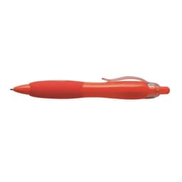 A red pen with a transparent barrel and a clip, featuring a smooth grip for writing comfort.