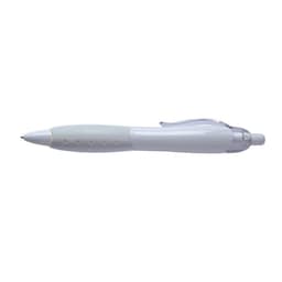 A white pen with a translucent grip and clip, featuring a sleek design and a branding logo.