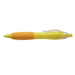 A yellow and orange pen with a transparent clip, featuring a logo on its surface.