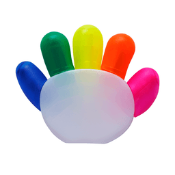 A hand-shaped highlighter with five brightly coloured tips in green, yellow, orange, pink, and blue.