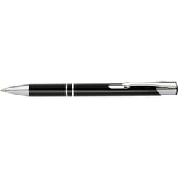 A black matte pen with chrome accents and a clip, featuring a sleek design. The pen has a shiny finish on the trim.