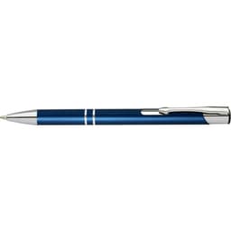 A blue matte pen with silver accents and a clip. It features a smooth finish and a sleek design.