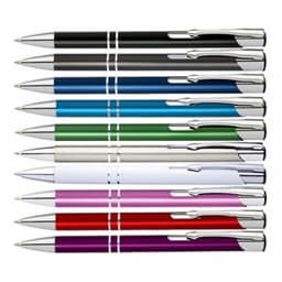 A collection of matte pens in various colours including black, blue, green, silver, white, purple, and red, with silver accents.
