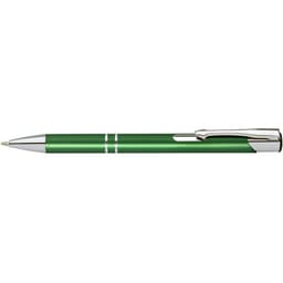 A green matte pen with a chrome clip and accents, featuring a branded logo.