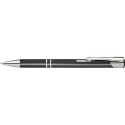 A matte black pen with chrome accents and a clip, featuring a sleek design and branding.