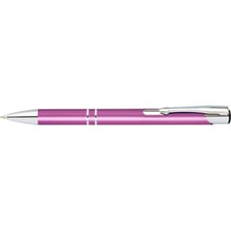 A matte pink pen with chrome accents and a clip, featuring a simple design. It has a branded logo.