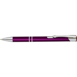 A matte purple pen with chrome accents and a clip, featuring a sleek design and branding on the barrel.