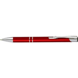A red matte pen with chrome accents and a clip for easy attachment. It features a sleek and modern design.