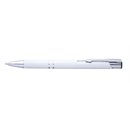 A matte white pen with a chrome clip and accents, featuring a sleek design and a branding logo.
