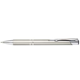 A silver matte pen with a chrome clip and accents, featuring a sleek design and branding.