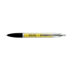 A pen with a clear barrel, yellow accent, and a black grip, featuring a logo on its surface.