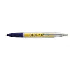 A pen featuring a clear barrel, blue cap, and a yellow section. The pen includes branding.