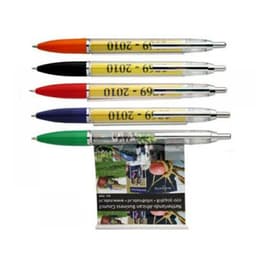 A collection of five pens in yellow, black, red, blue, and green, featuring a small promotional flag or banner.