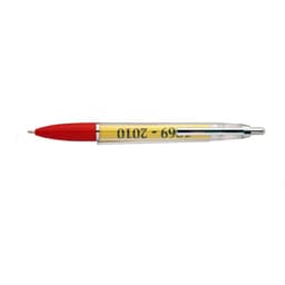 A pen with a clear body, red cap, and a yellow flag banner feature inside. It has a simple design and a logo.