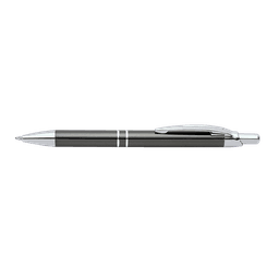 A sleek black pen with chrome accents and a clip, featuring a simple design and smooth finish.