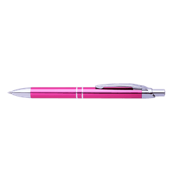 A pink pen with a shiny silver clip and accents, featuring a sleek, modern design.