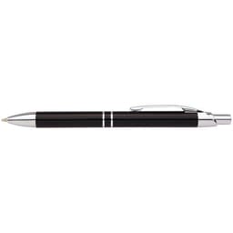 A sleek black pen with silver accents and a clip, featuring a glossy finish and modern design.