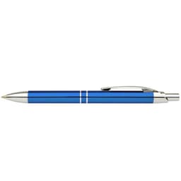 A blue pen with silver accents and a clip, featuring a sleek design. It includes a logo on the barrel.