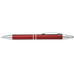 A red pen with a glossy finish and silver accents, featuring a clip and decorative stripes.