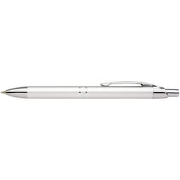A sleek silver pen with a chrome clip and accents, featuring a modern design and a logo.
