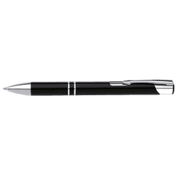A black pen with silver accents and a clip, featuring a sleek design and a logo.
