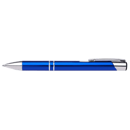 A blue pen with silver accents and a clip, featuring a sleek design and glossy finish.