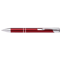 A red pen with silver accents, featuring a sleek design and a clip for easy attachment, has a logo.
