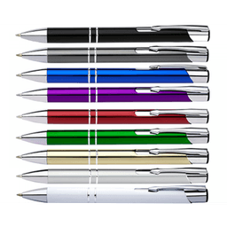 A collection of Madison Pens in black, blue, purple, green, gold, and white with shiny chrome accents.