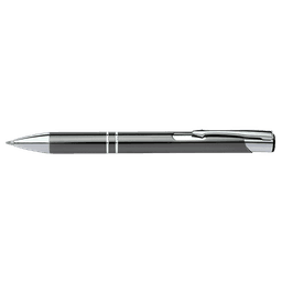 A sleek black pen with chrome accents and a clip, featuring a branded logo on the body.