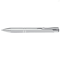 A silver pen with a chrome trim and a sleek design, featuring a clip and a branding logo.