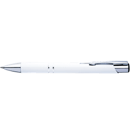 A white pen with chrome accents and a clip, featuring a sleek design and smooth finish.