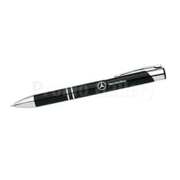A black pen with silver accents and a logo, featuring a sleek design and a clip for easy attachment.