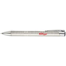 A silver pen with a polished finish and a branding logo. It features a classic design with a clip.