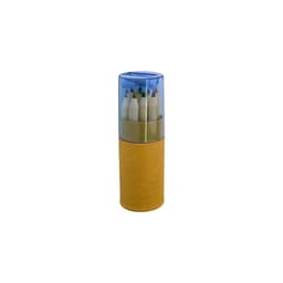 A set of colouring pencils in a clear blue top with a yellow cardboard tube, featuring various pencil colours.