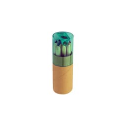 Colouring pencils in an upright cardboard tube with a transparent green lid and sharpener on top.