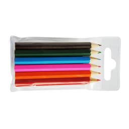 A pack of six colouring pencils in black, green, blue, pink, orange, and red, presented in a clear plastic wrapper.