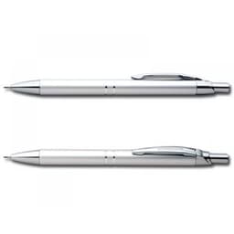 A pair of white mechanical pencils with silver accents and clips, featuring a sleek design and a logo.