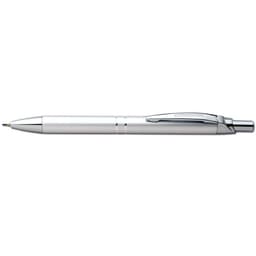A silver mechanical pencil with a sleek design and a clip for attachment, featuring a small logo.