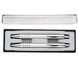 A gift set of two white pens with silver accents, presented in a black and clear box.