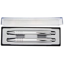 A gift pen set featuring two silver pens in a black and clear presentation box.