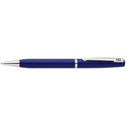 A blue pen with a silver clip and trim, featuring a branded logo on the side.
