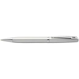 A sleek silver pen with a polished finish and a clip on the side, featuring a logo on the barrel.