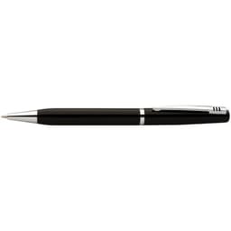 A black pen with a silver clip and accents, featuring a sleek, polished design. It has a logo on the barrel.