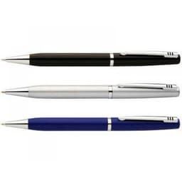 A set of three pens in black, silver, and blue, featuring a sleek design and a brand logo on each.