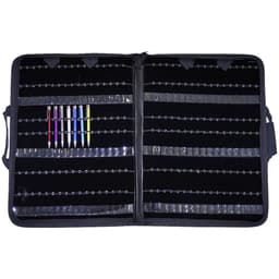 A black pen display folder with multiple slots, featuring several pens in assorted colours neatly arranged inside.
