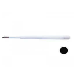 A pen refill in a white casing with a silver tip and black ink. Includes a logo on the casing.
